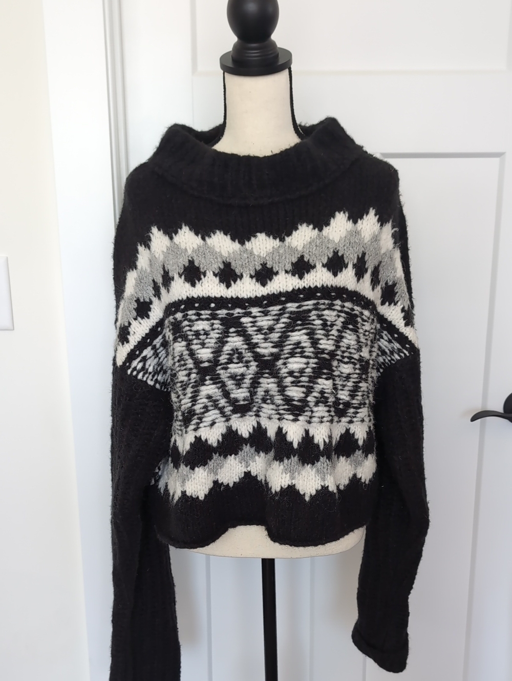 Free People Black and White Patterned Turtleneck Sweater